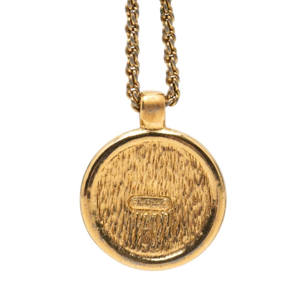 Dior Gold Plated Rhinestone Logo Medallion Pendant Necklace Gold Metal Good condition - Back View