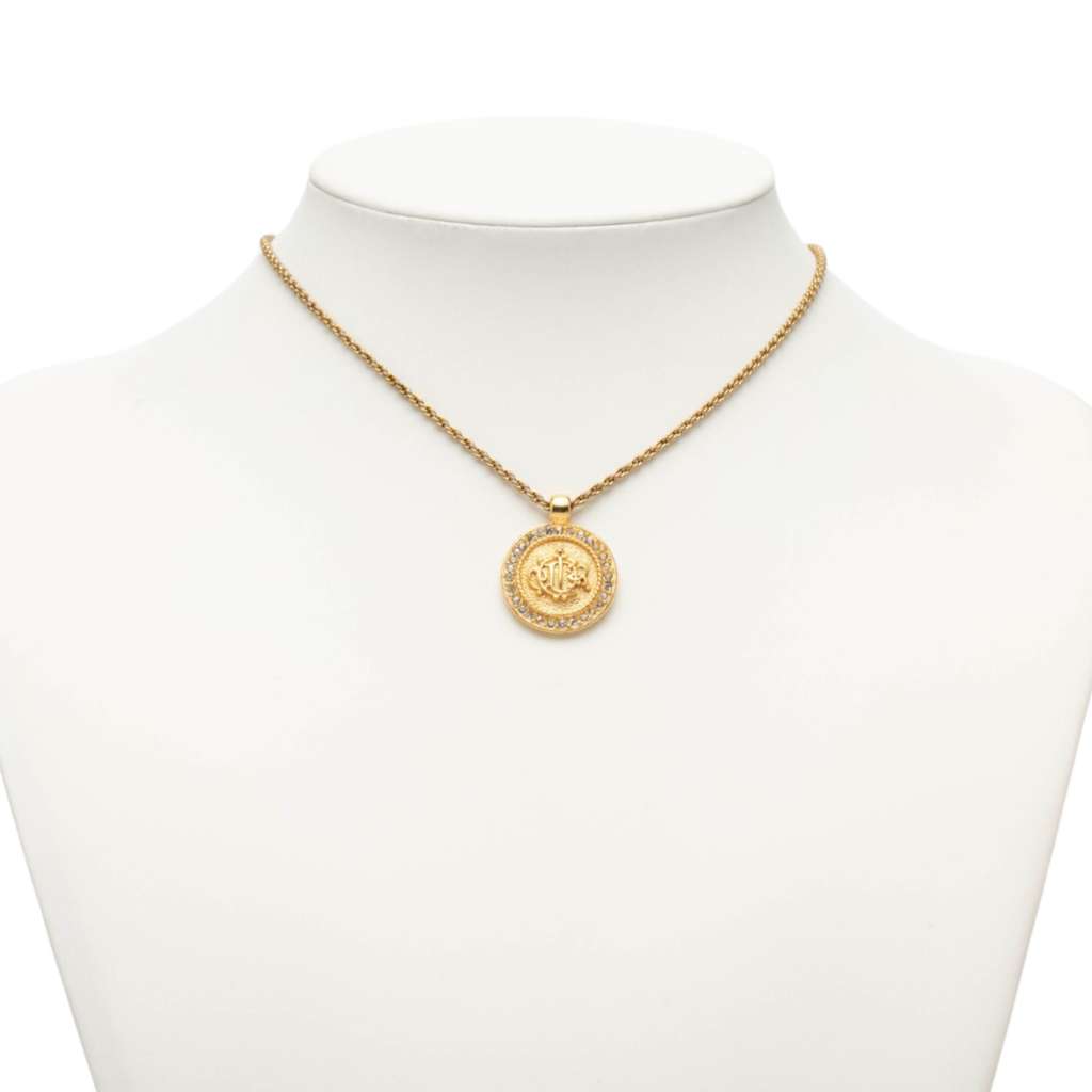 Dior Gold Plated Rhinestone Logo Medallion Pendant Necklace Gold Metal Good condition - Box View