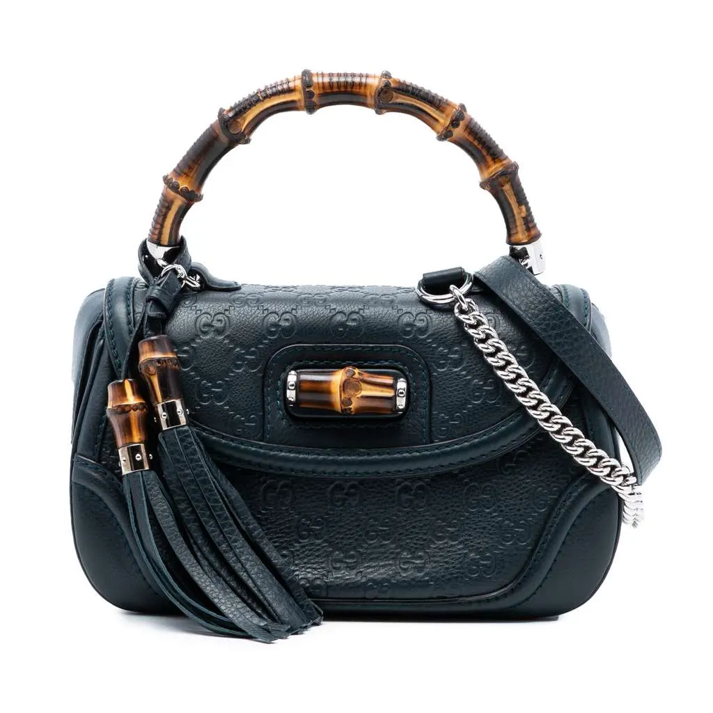 Gucci Medium Guccissima New Bamboo Top Handle Bag Blue Leather Very good - Front View
