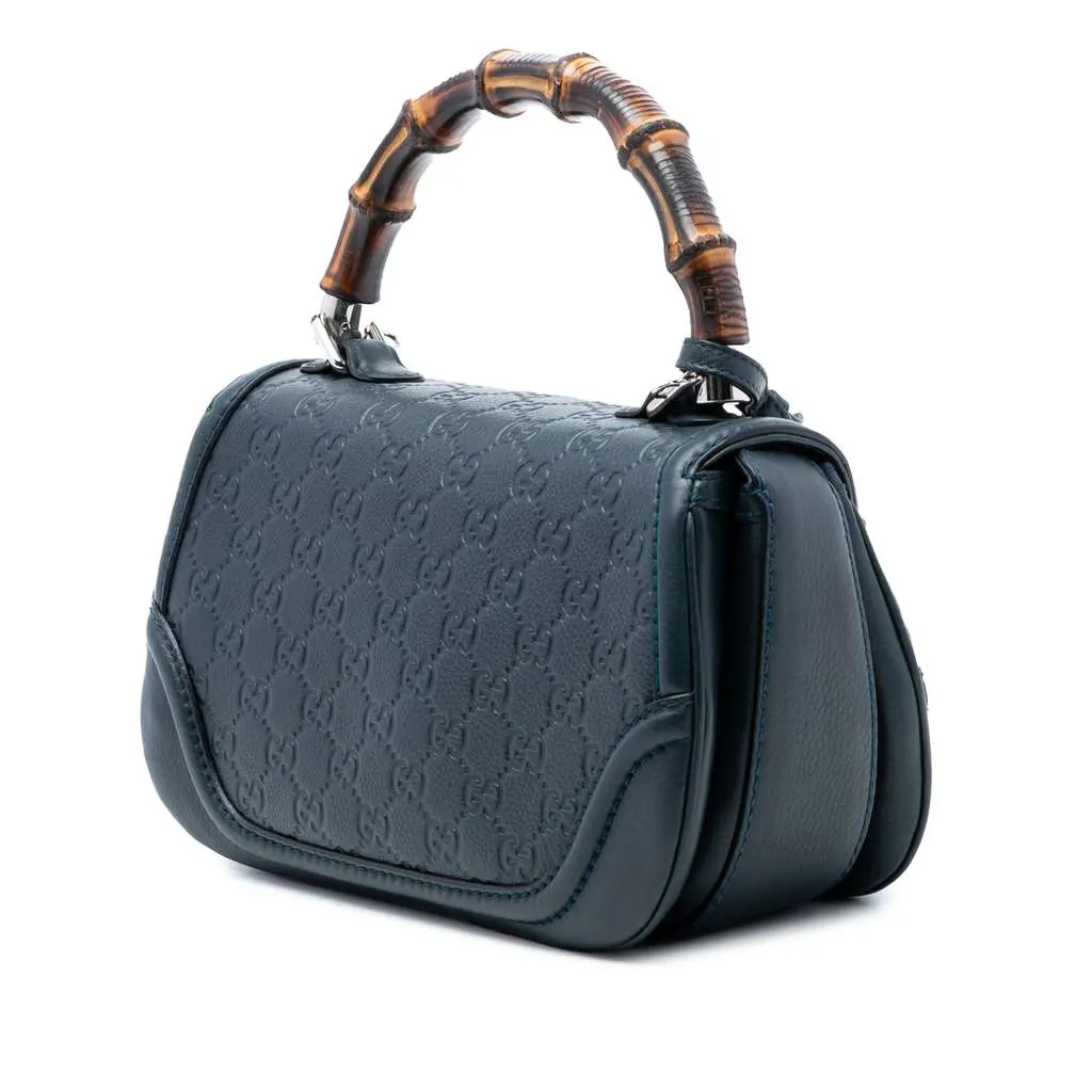 Gucci Medium Guccissima New Bamboo Top Handle Bag Blue Leather Very good - Back View