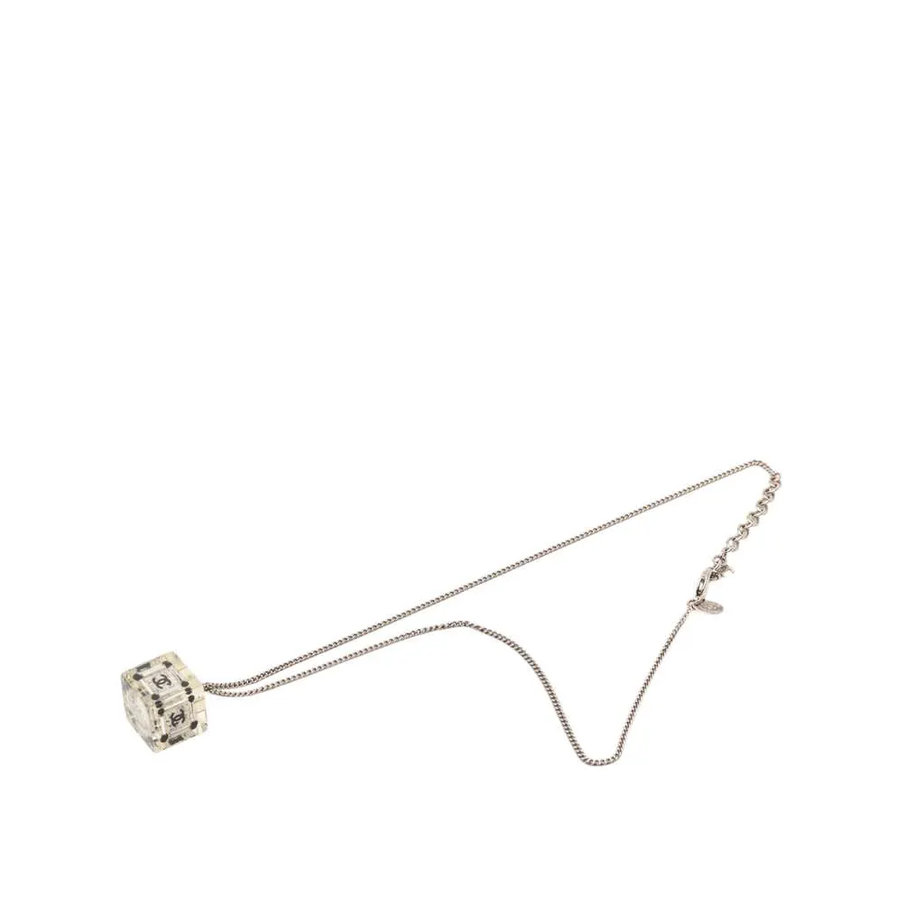 Chanel CC Plated Brass Acrylic Cube Pendant Necklace Silver Brass Very good - Front View