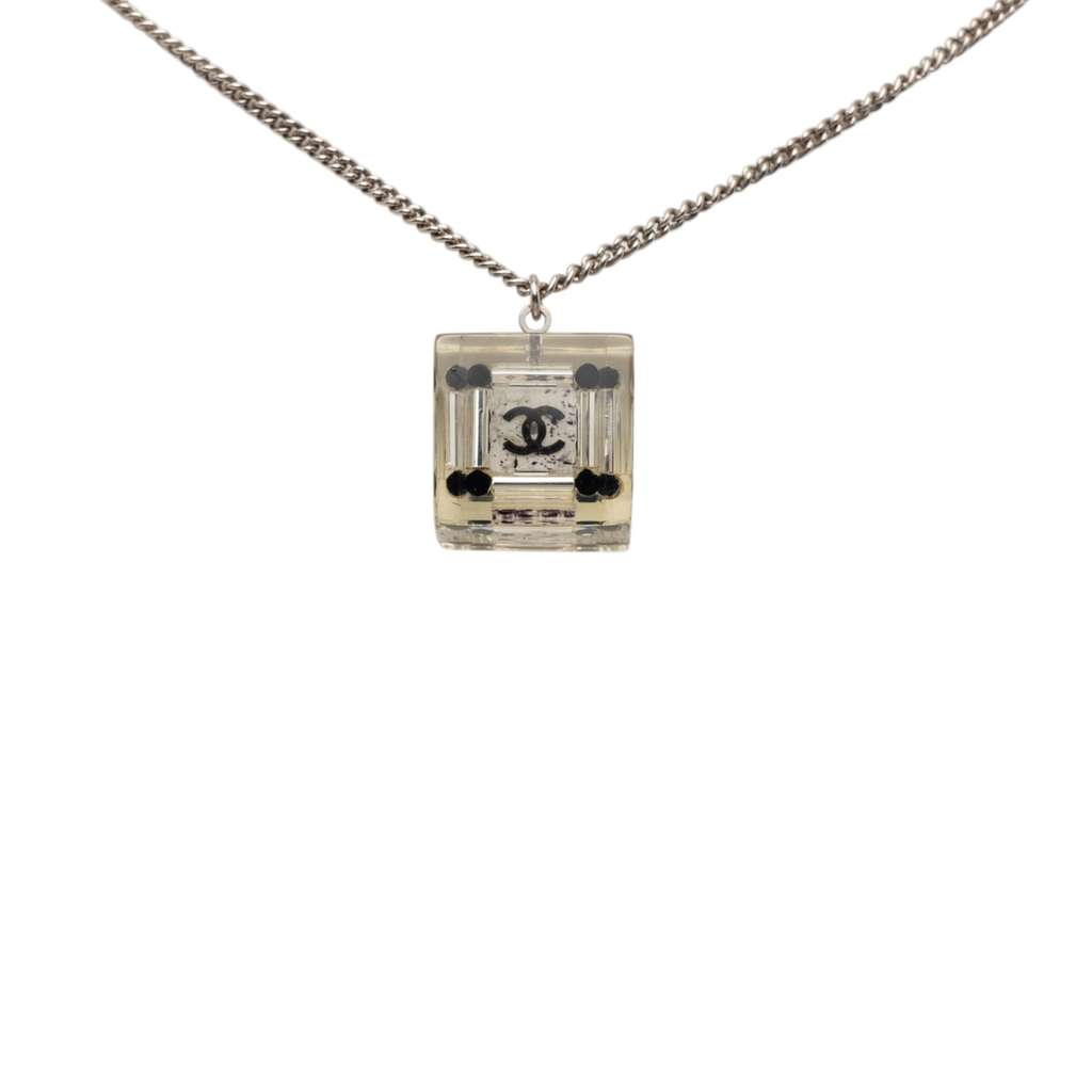 Chanel CC Plated Brass Acrylic Cube Pendant Necklace Silver Brass Good condition - Back View