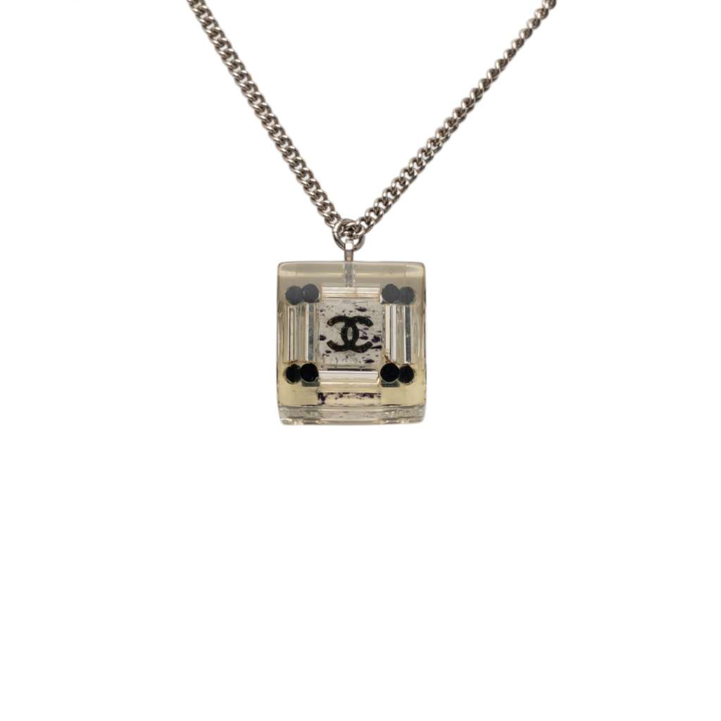 Chanel CC Plated Brass Acrylic Cube Pendant Necklace Silver Brass Good condition - Inside View