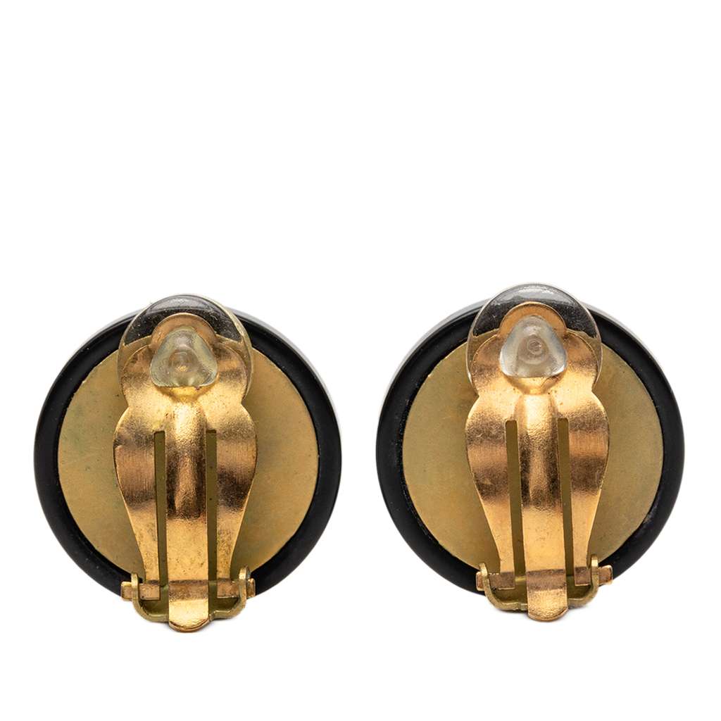 Chanel Gold Plated Resin Lion Head Clip On Earrings Black Good condition - Back View
