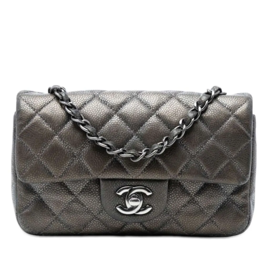 Chanel Mini Rectangular Classic Metallic Caviar Single Flap Grey Leather Very good - Front View