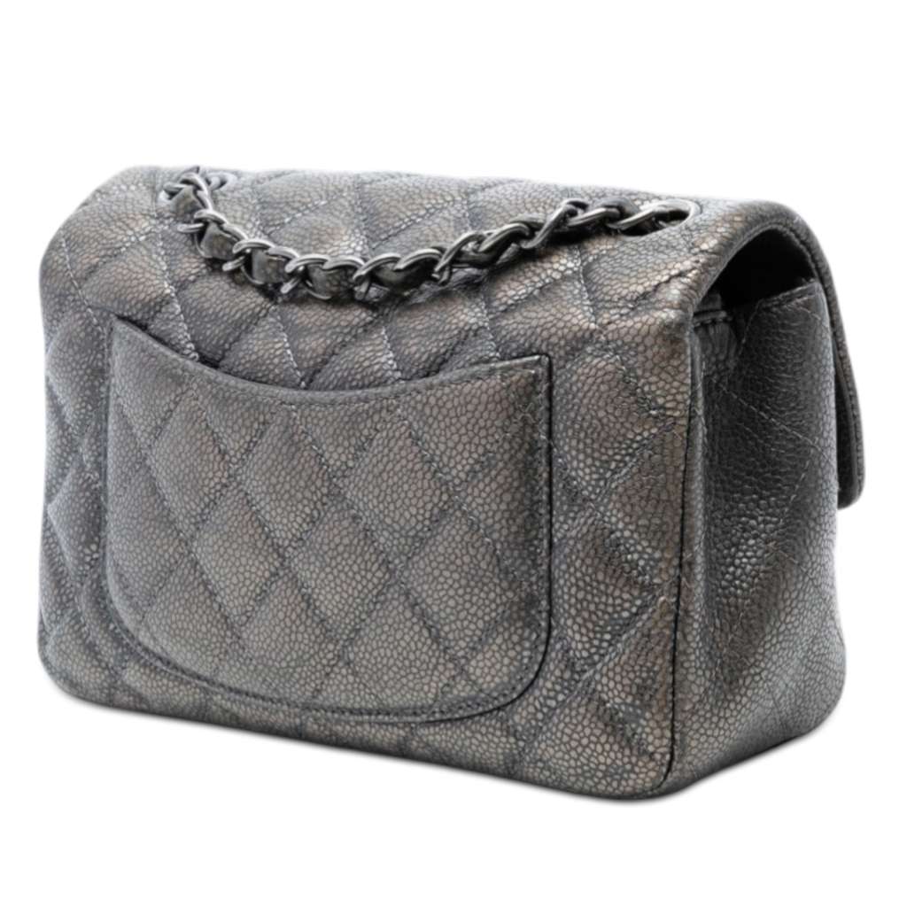 Chanel Mini Rectangular Classic Metallic Caviar Single Flap Grey Leather Good condition - Back View