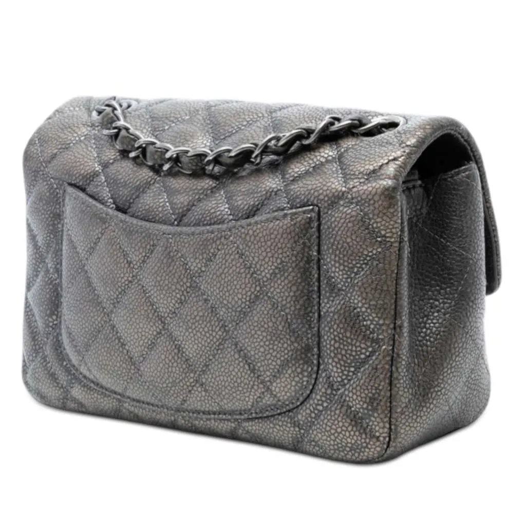 Chanel Mini Rectangular Classic Metallic Caviar Single Flap Grey Leather Very good - Back View