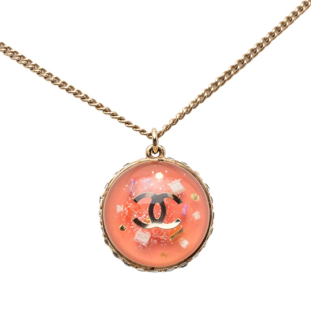 Chanel CC Gold Plated Resin Strass Dome Pendant Necklace Pink Metal Good condition - Back View