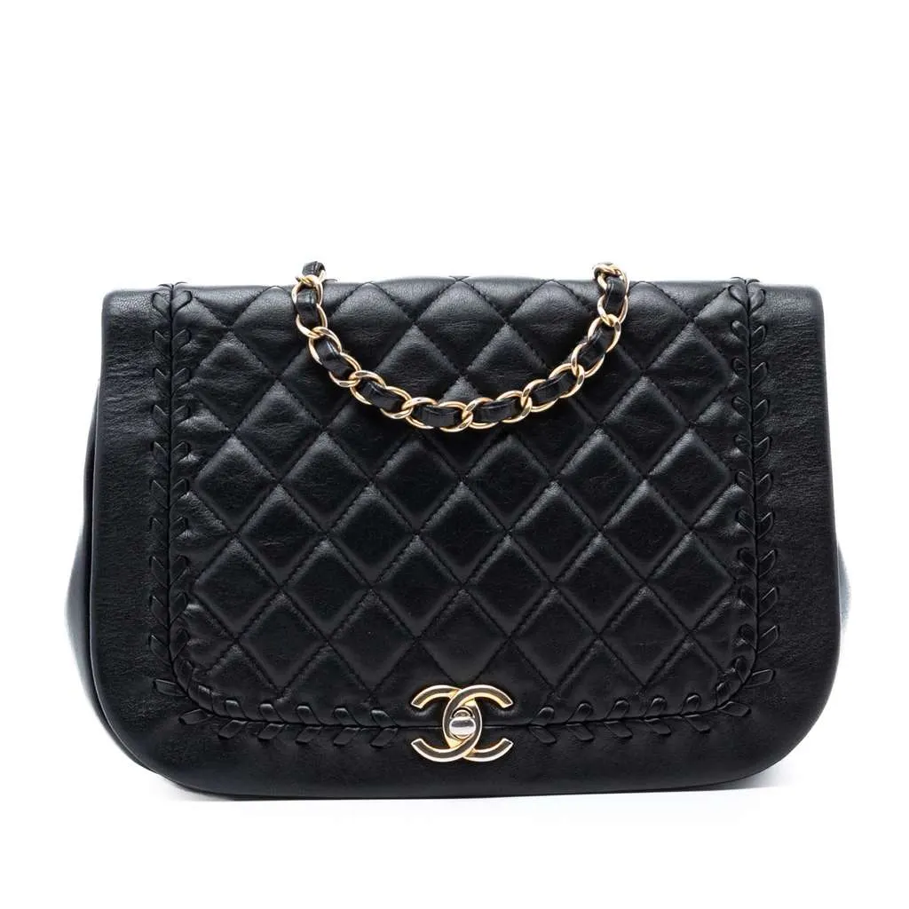 Chanel Quilted Lambskin Braided Saddle Flap Black Leather Very good - Front View
