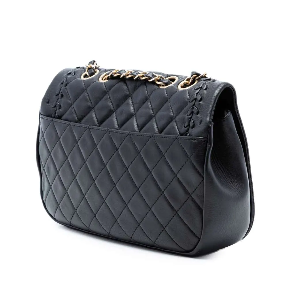Chanel Quilted Lambskin Braided Saddle Flap Black Leather Very good - Back View