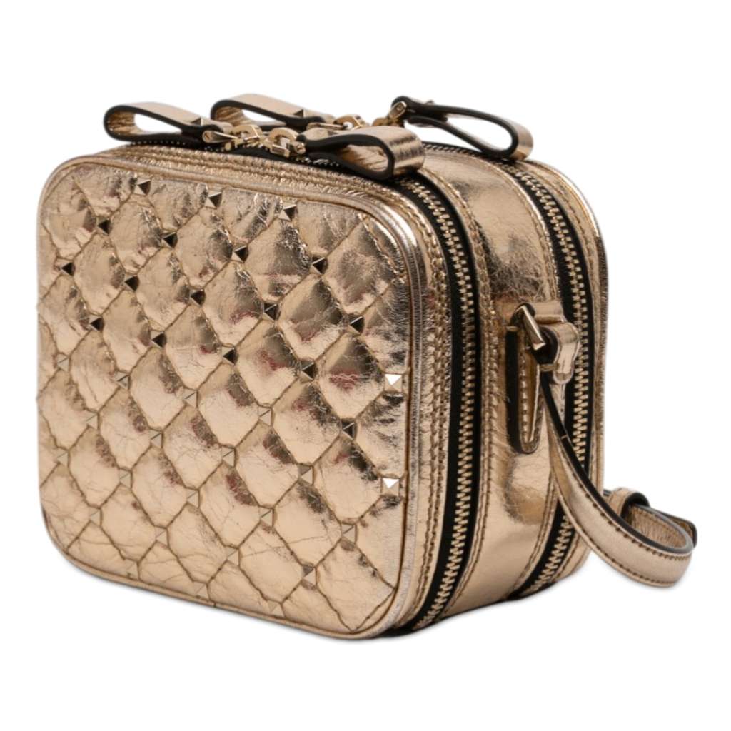 Valentino Metallic Wrinkled Lambskin Rockstud Spike Double Zip Camera Bag Gold Leather Good condition - Back View