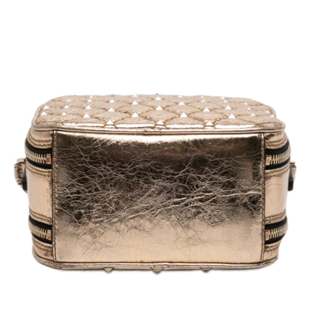 Valentino Metallic Wrinkled Lambskin Rockstud Spike Double Zip Camera Bag Gold Leather Good condition - Inside View