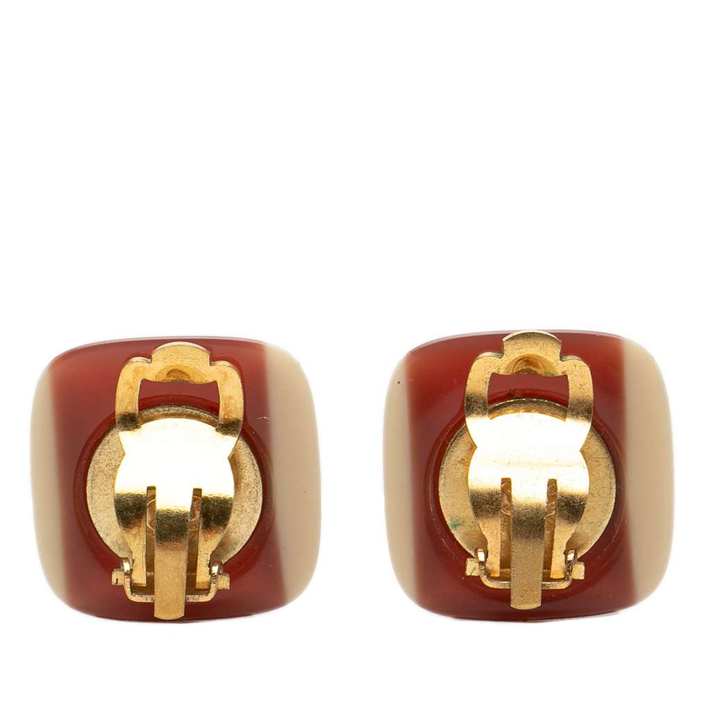 Chanel CC Gold Plated Resin Square Clip On Earrings Red Good condition - Back View