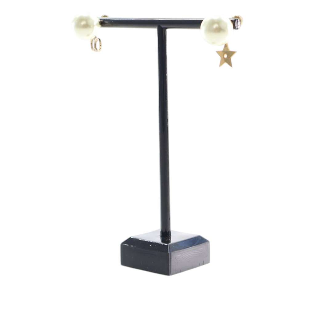 Dior Gold Plated Faux Pearl Logo and Star Tribales Drop Push Back Earrings Gold Metal Good condition - Inside View