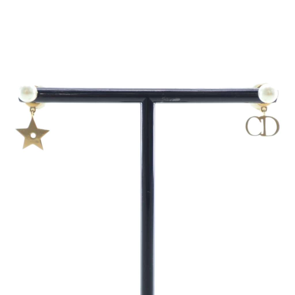 Dior Gold Plated Faux Pearl Logo and Star Tribales Drop Push Back Earrings Gold Metal Good condition - Model View