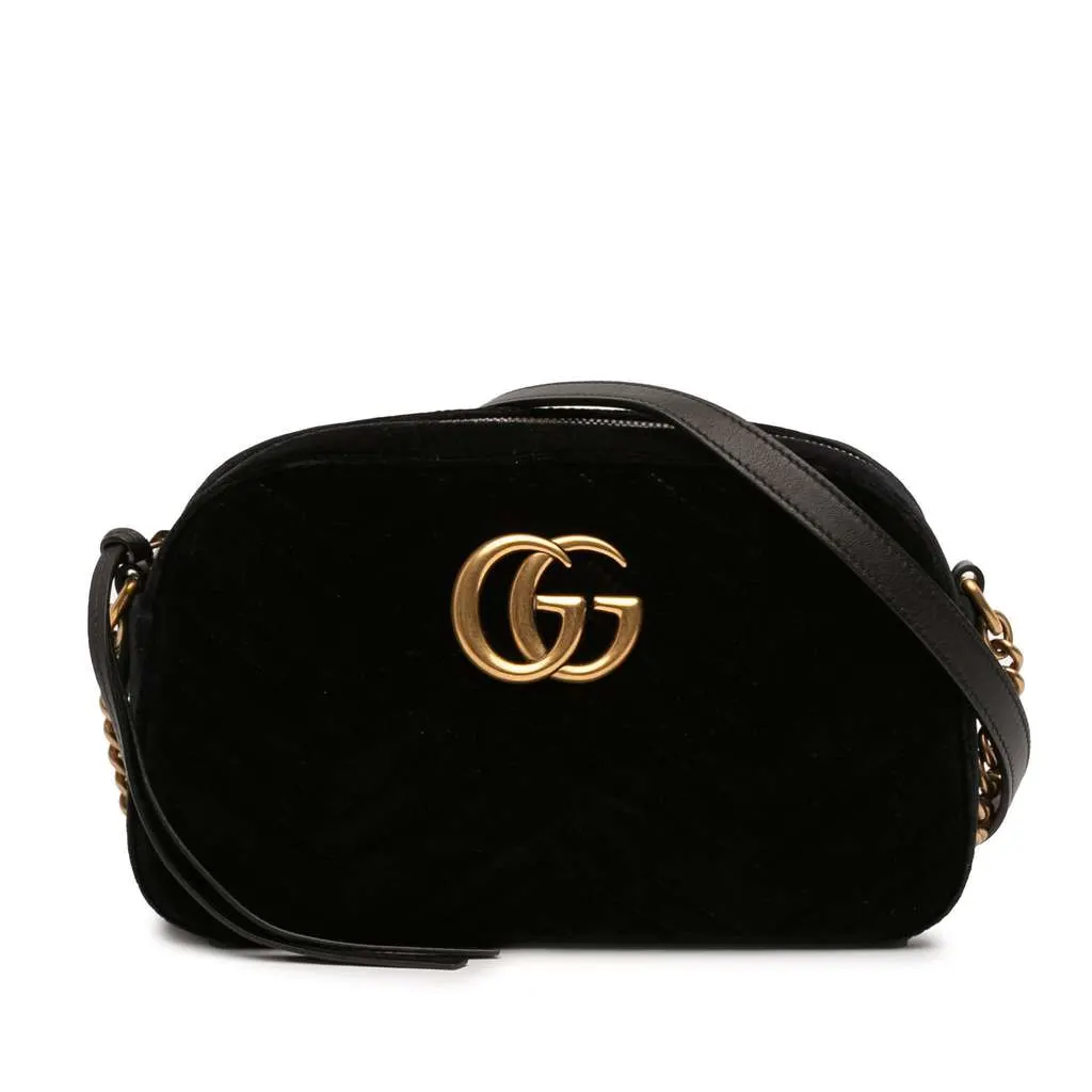 Gucci Small GG Marmont Matelasse Velvet Crossbody Black Velvet Very good - Front View