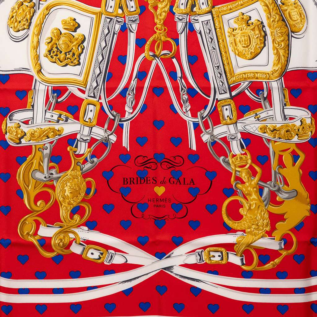 Hermès Brides de Gala Love Heart Silk Scarf 90 Red Silk Good condition - Back View