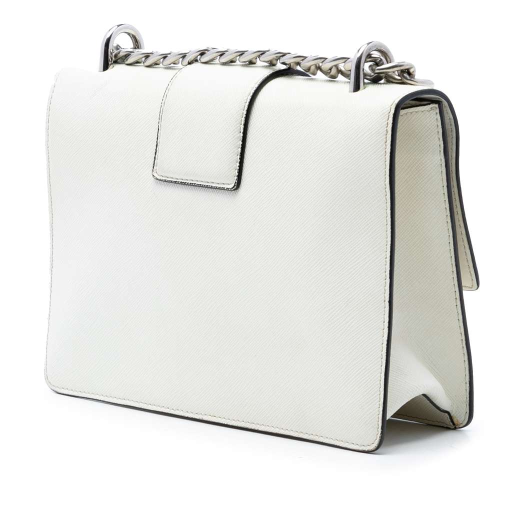 Prada Small Saffiano Sound Lock Chain Crossbody White Leather Good condition - Back View