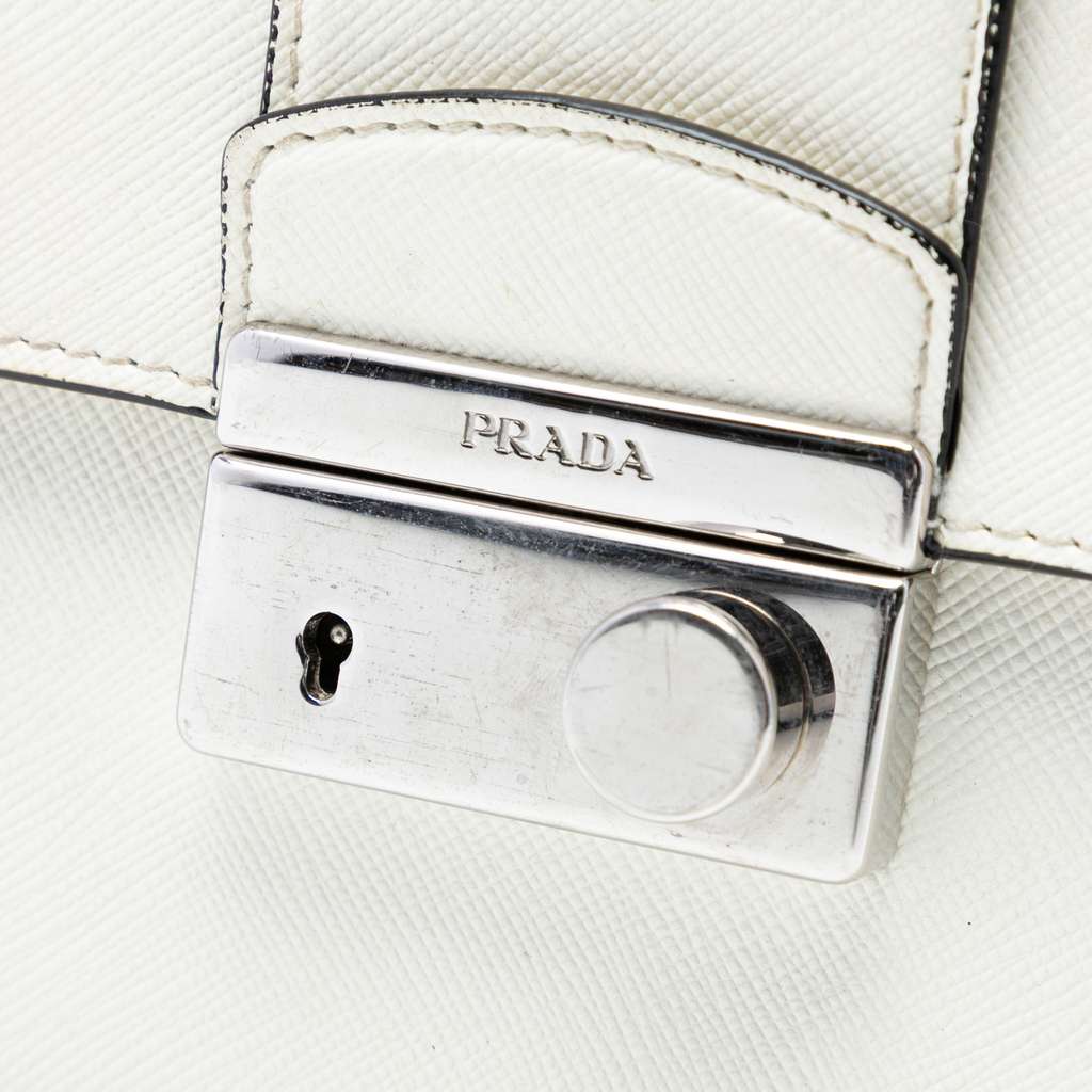Prada Small Saffiano Sound Lock Chain Crossbody White Leather Good condition - Box View