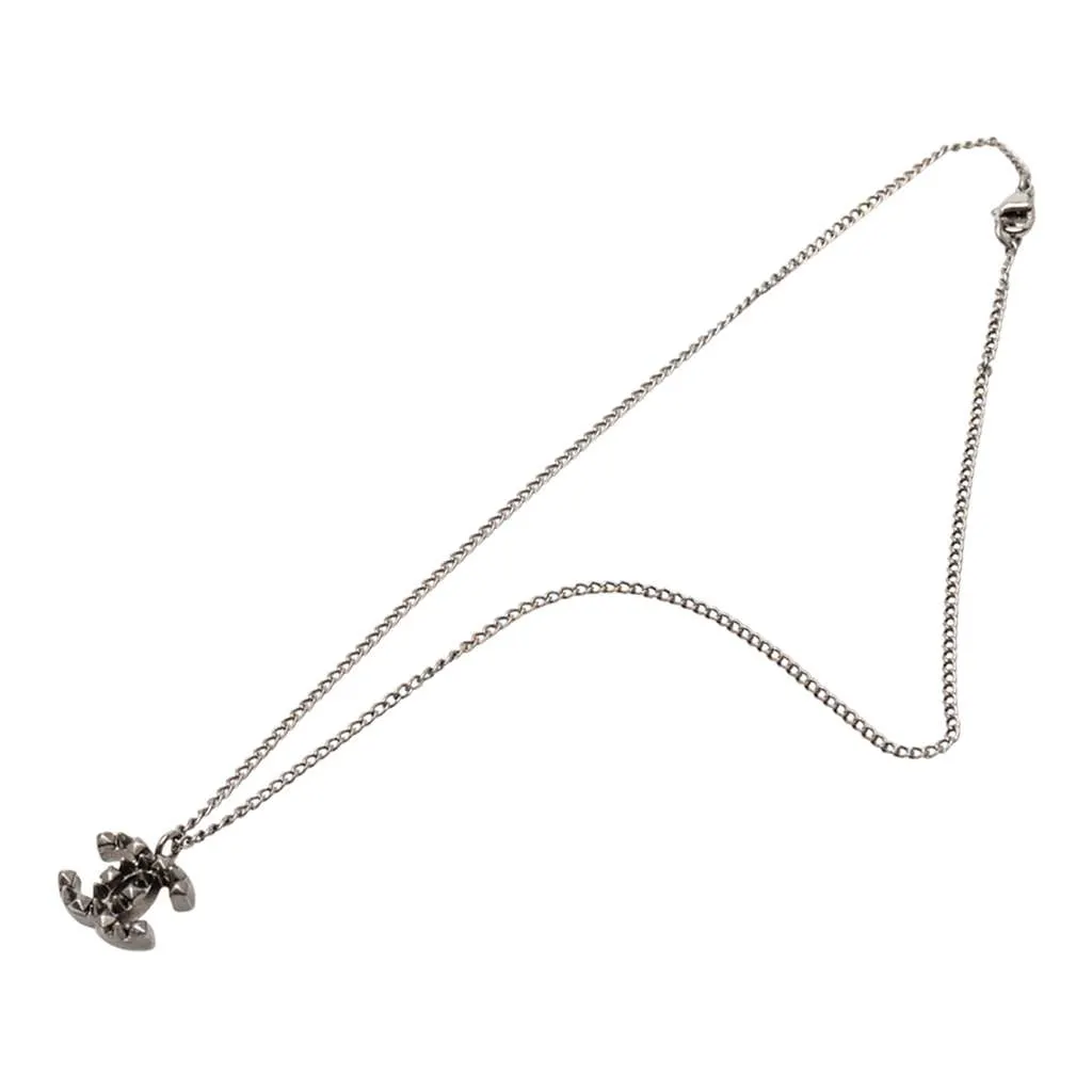 Chanel Ruthenium Plated CC Spiked Pendant Necklace Black Brass Very good - Front View