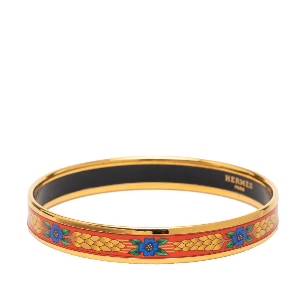 Hermès Narrow Floral and Wheat Enamel Bangle 62 Red Good condition - Back View
