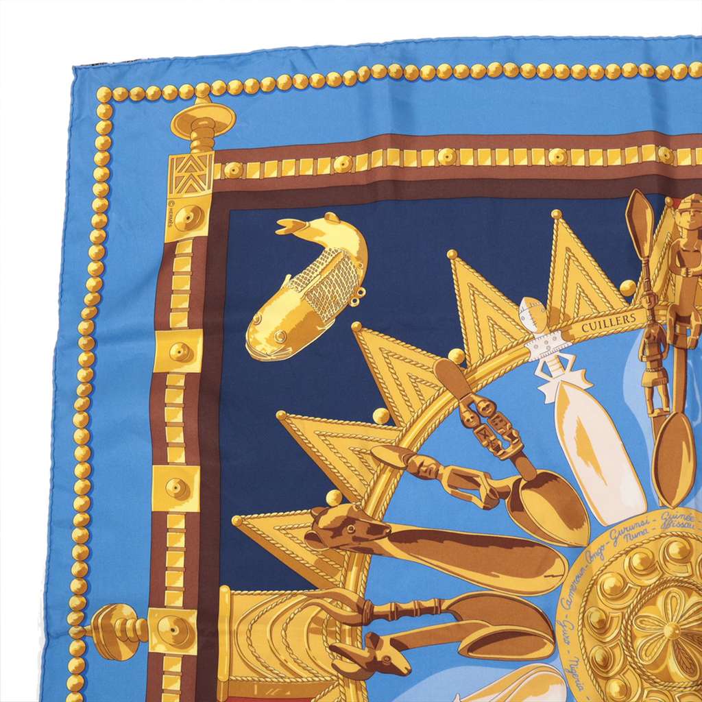 Hermès Cuillers D Afrique Silk Scarf 90 Blue Silk Good condition - Model View