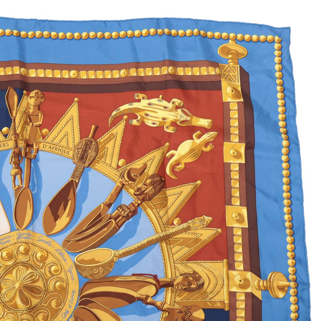 Hermès Cuillers D Afrique Silk Scarf 90 Blue Silk Good condition - Box View