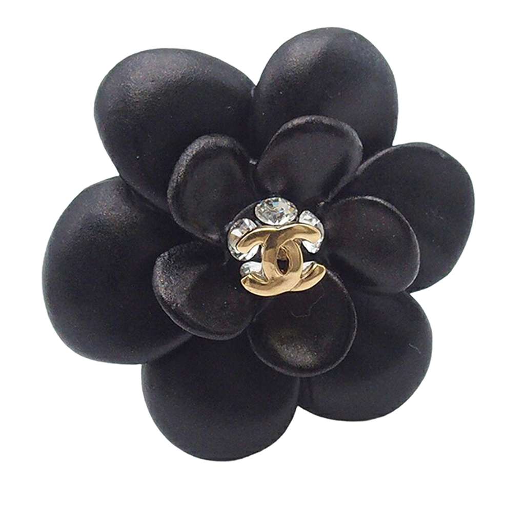 Chanel CC Resin Rhinestone Camellia Clip On Earrings Black Good condition - Inside View