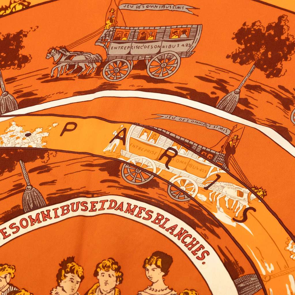 Hermès Jeu des Omnibus et Dames Blanches Silk Scarf Orange Silk Good condition - Box View