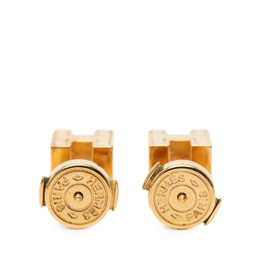 Hermès Gold Plated Enamel Cage dH Cube Push Back Earrings Purple Metal Good condition - Back View