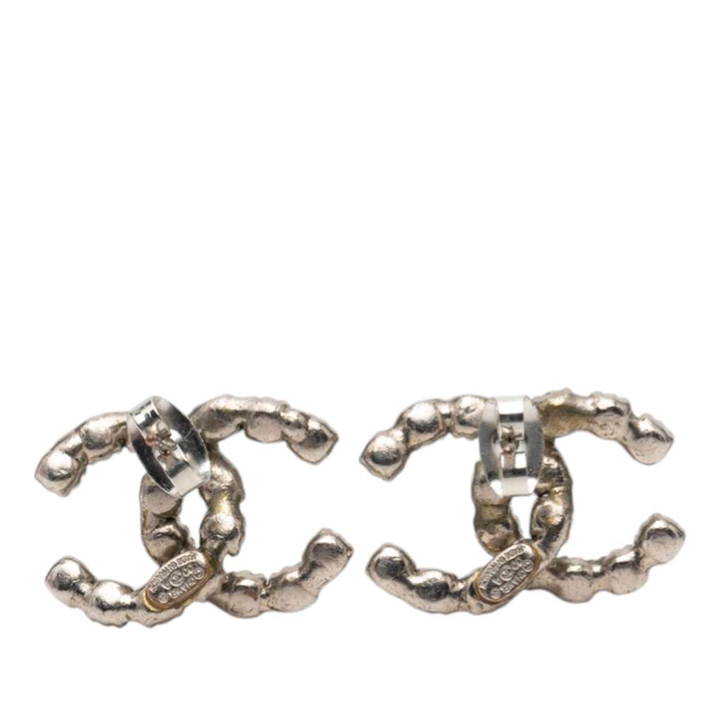 Chanel CC Silver Plated Crystal Stud Push Back Earrings Silver Metal Good condition - Back View