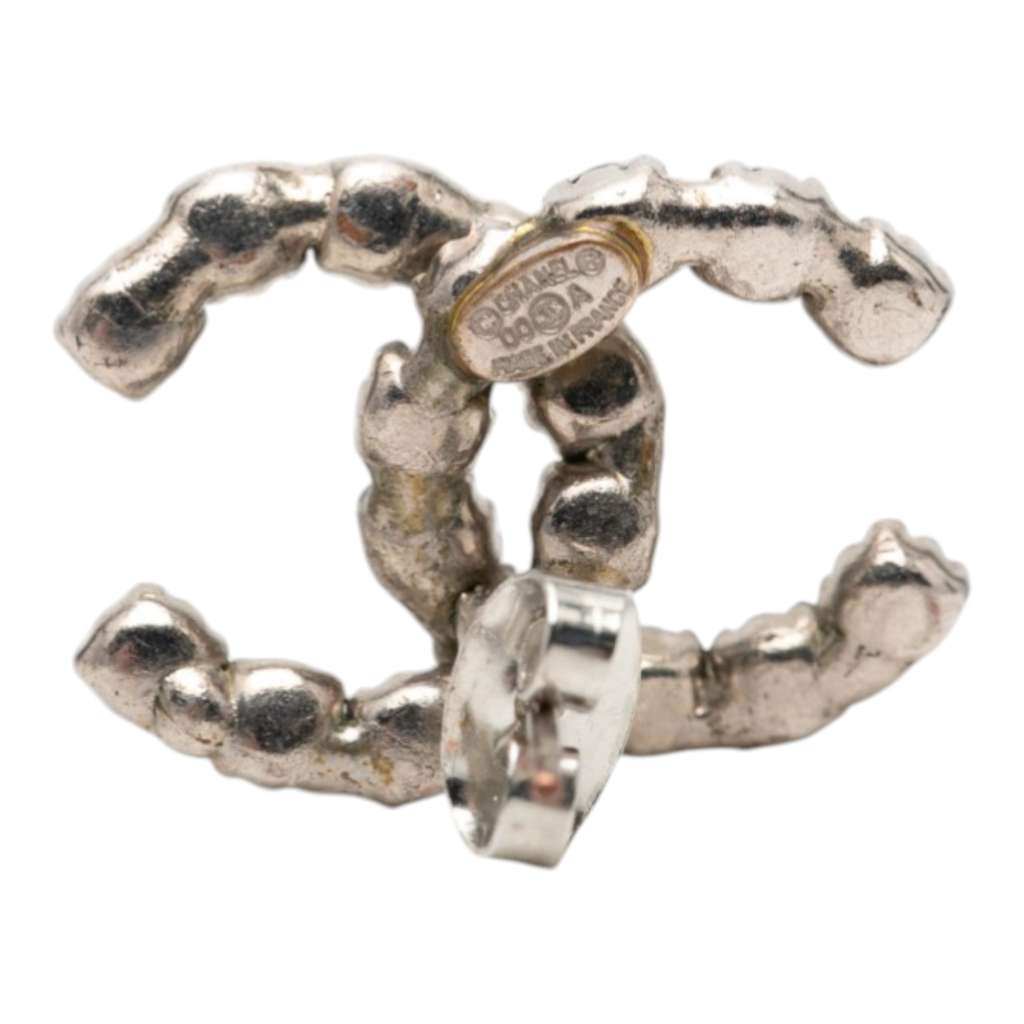 Chanel CC Silver Plated Crystal Stud Push Back Earrings Silver Metal Good condition - Inside View