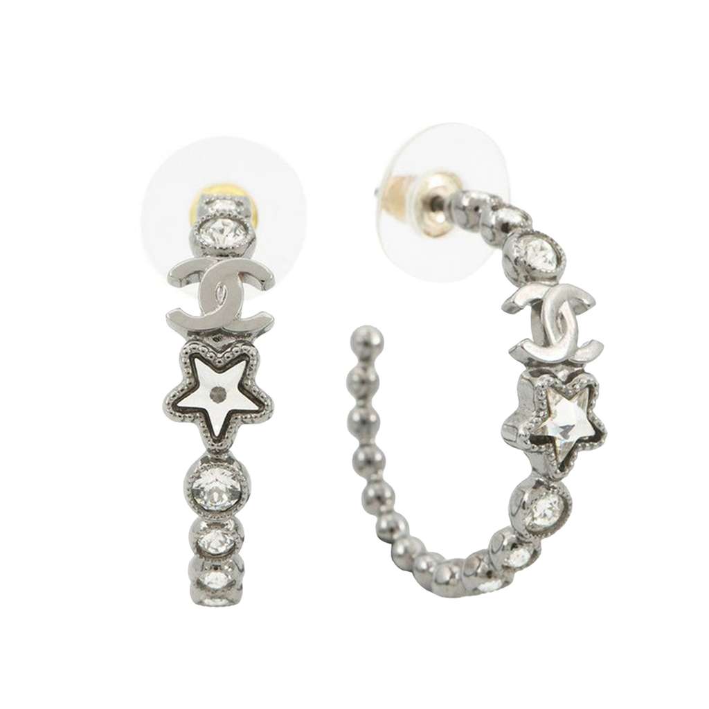 Chanel CC Silver Plated Crystal Star Push Back Earrings Silver Metal Good condition - Inside View