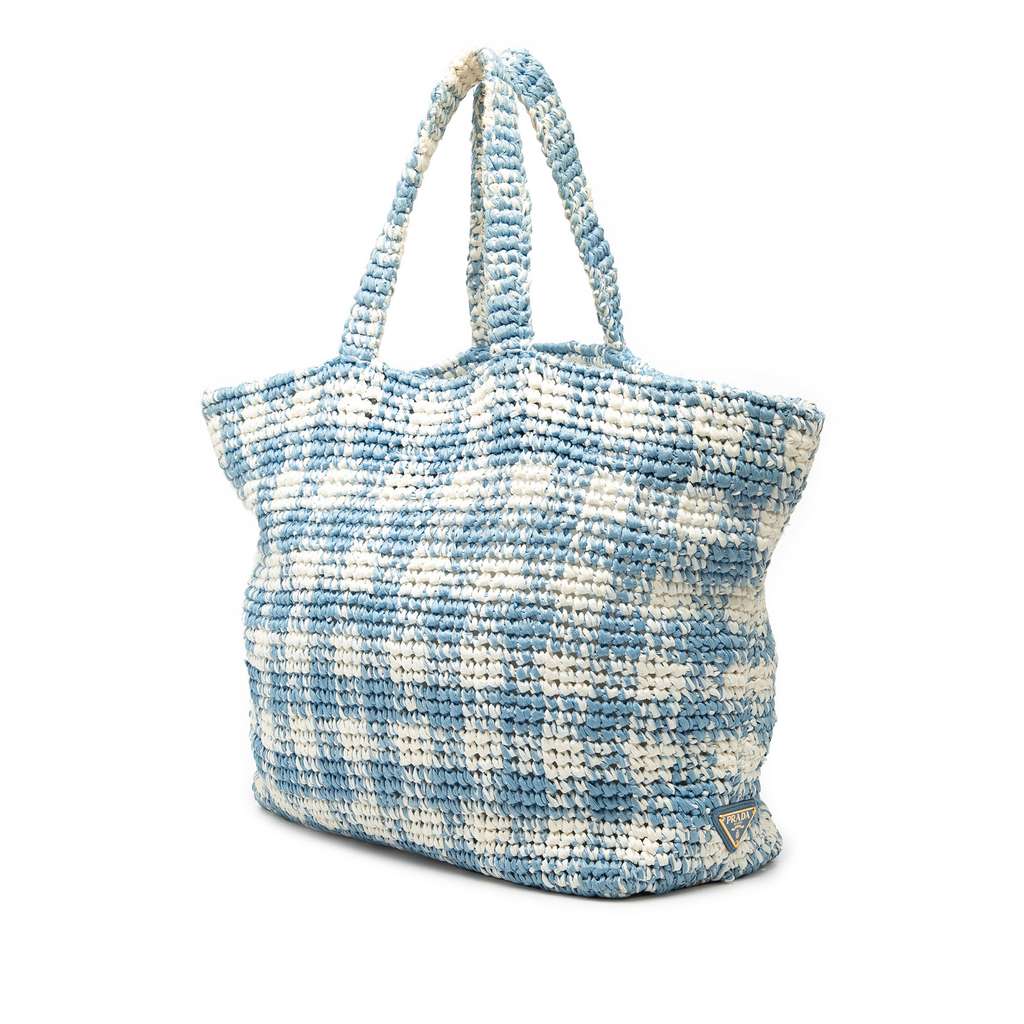 Prada Large Raffia Effect Crochet Embroidered Logo Tote Blue Good condition - Back View