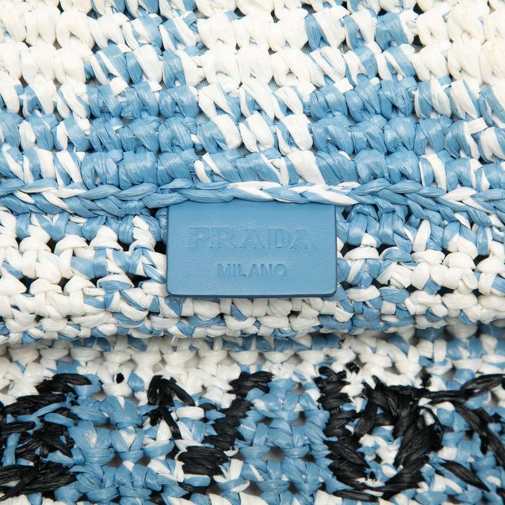 Prada Large Raffia Effect Crochet Embroidered Logo Tote Blue Good condition - Box View