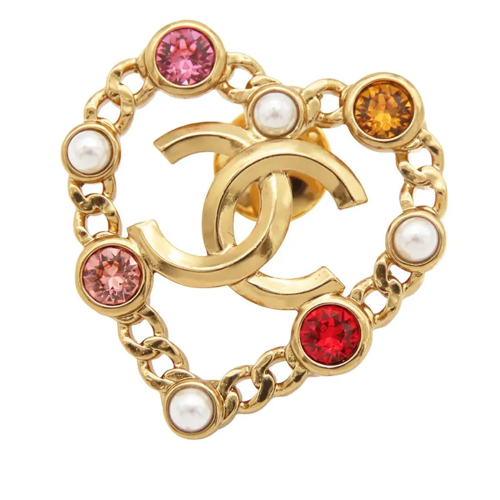 Chanel CC Gold Plated Rhinestone Faux Pearl Heart Brooch Gold Metal Very good - Front View