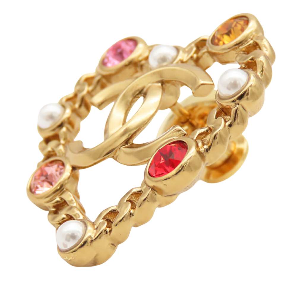 Chanel CC Gold Plated Rhinestone Faux Pearl Heart Brooch Gold Metal Good condition - Back View