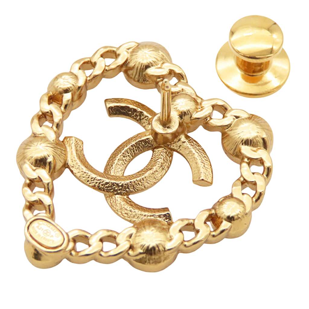 Chanel CC Gold Plated Rhinestone Faux Pearl Heart Brooch Gold Metal Good condition - Inside View