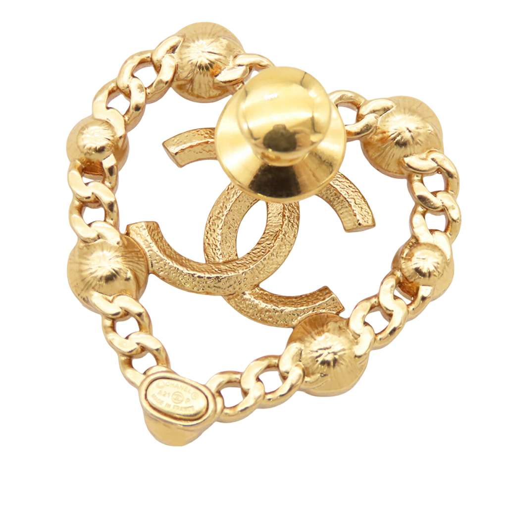 Chanel CC Gold Plated Rhinestone Faux Pearl Heart Brooch Gold Metal Good condition - Model View