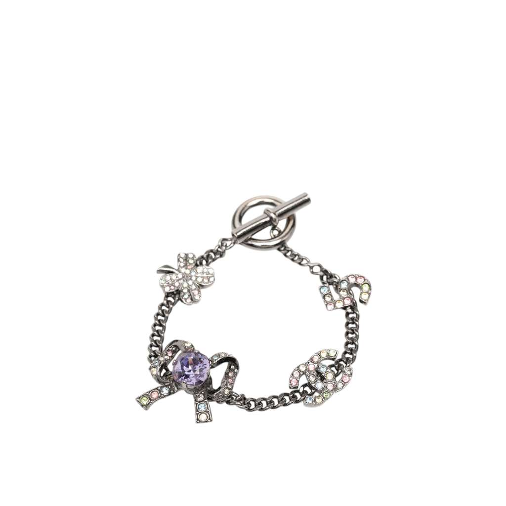 Chanel Silver Plated Crystal CC No. 5 Bow Charm Bracelet