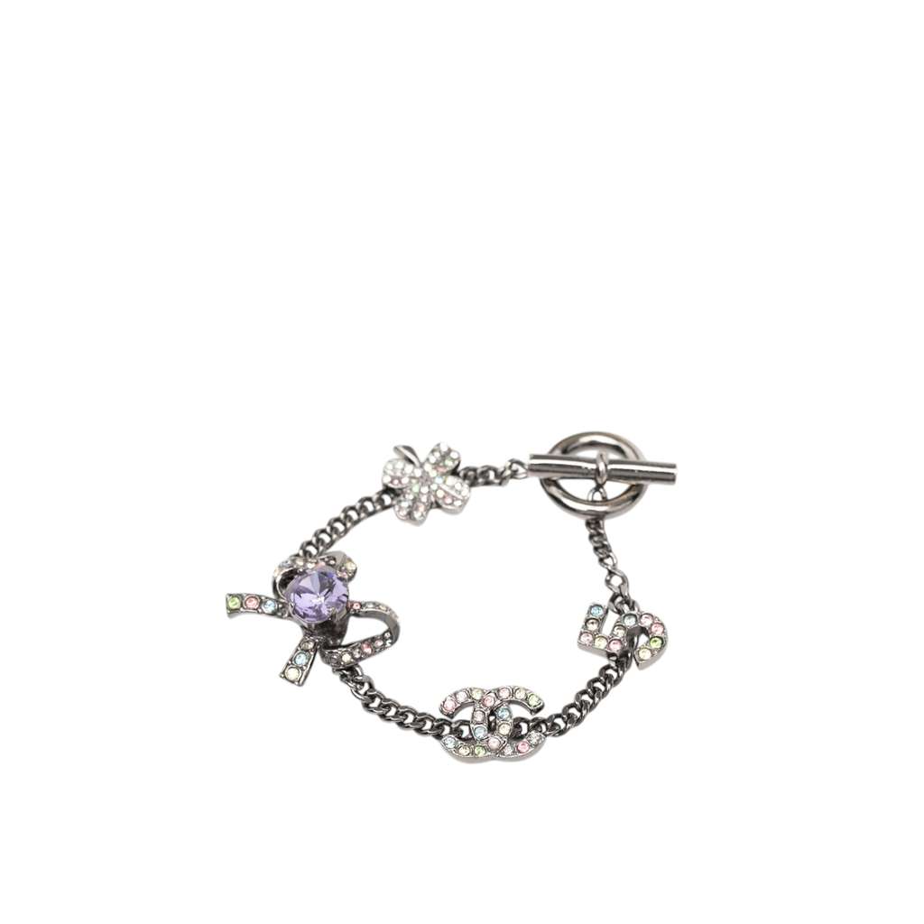 Chanel Silver Plated Crystal CC No. 5 Bow Charm Bracelet Silver Metal Good condition - Back View