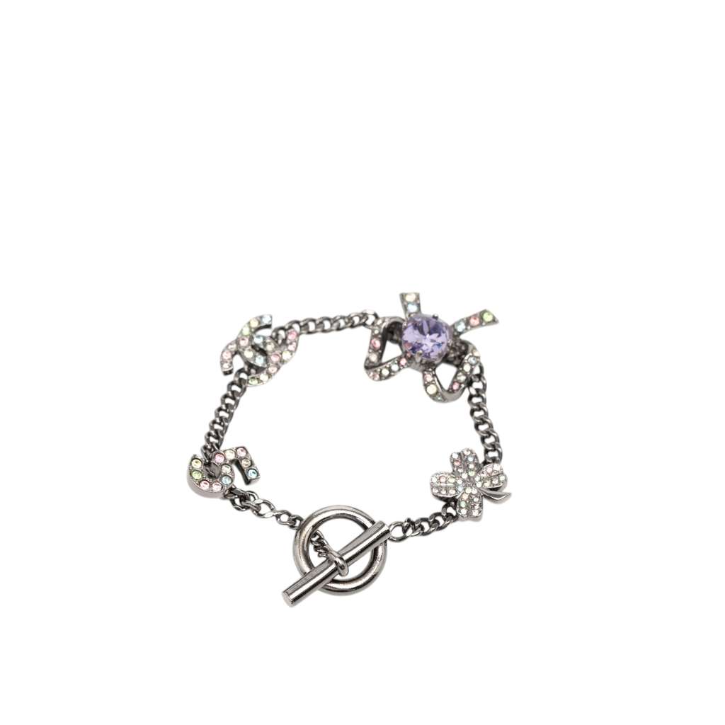 Chanel Silver Plated Crystal CC No. 5 Bow Charm Bracelet Silver Metal Good condition - Inside View