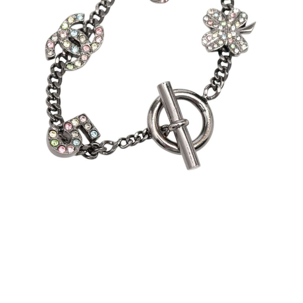 Chanel Silver Plated Crystal CC No. 5 Bow Charm Bracelet Silver Metal Good condition - Model View