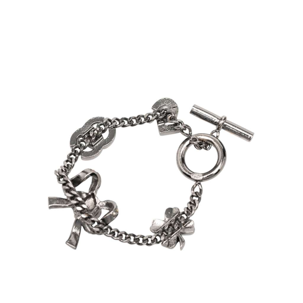 Chanel Silver Plated Crystal CC No. 5 Bow Charm Bracelet Silver Metal Good condition - Box View