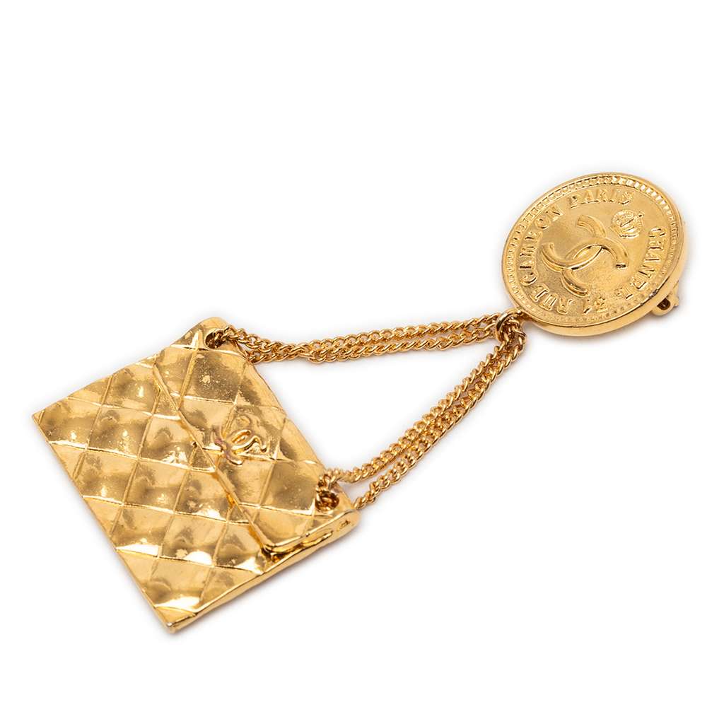 Chanel CC Gold Plated Quilted Flap Bag Medallion Brooch
