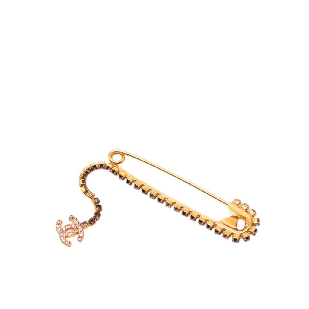 Chanel CC Gold Plated Crystal Embellished Safety Pin Brooch