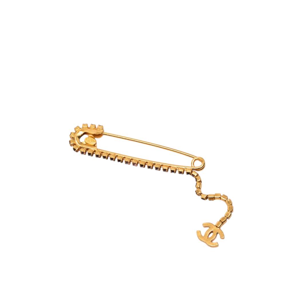 Chanel CC Gold Plated Crystal Embellished Safety Pin Brooch Gold Metal Good condition - Back View