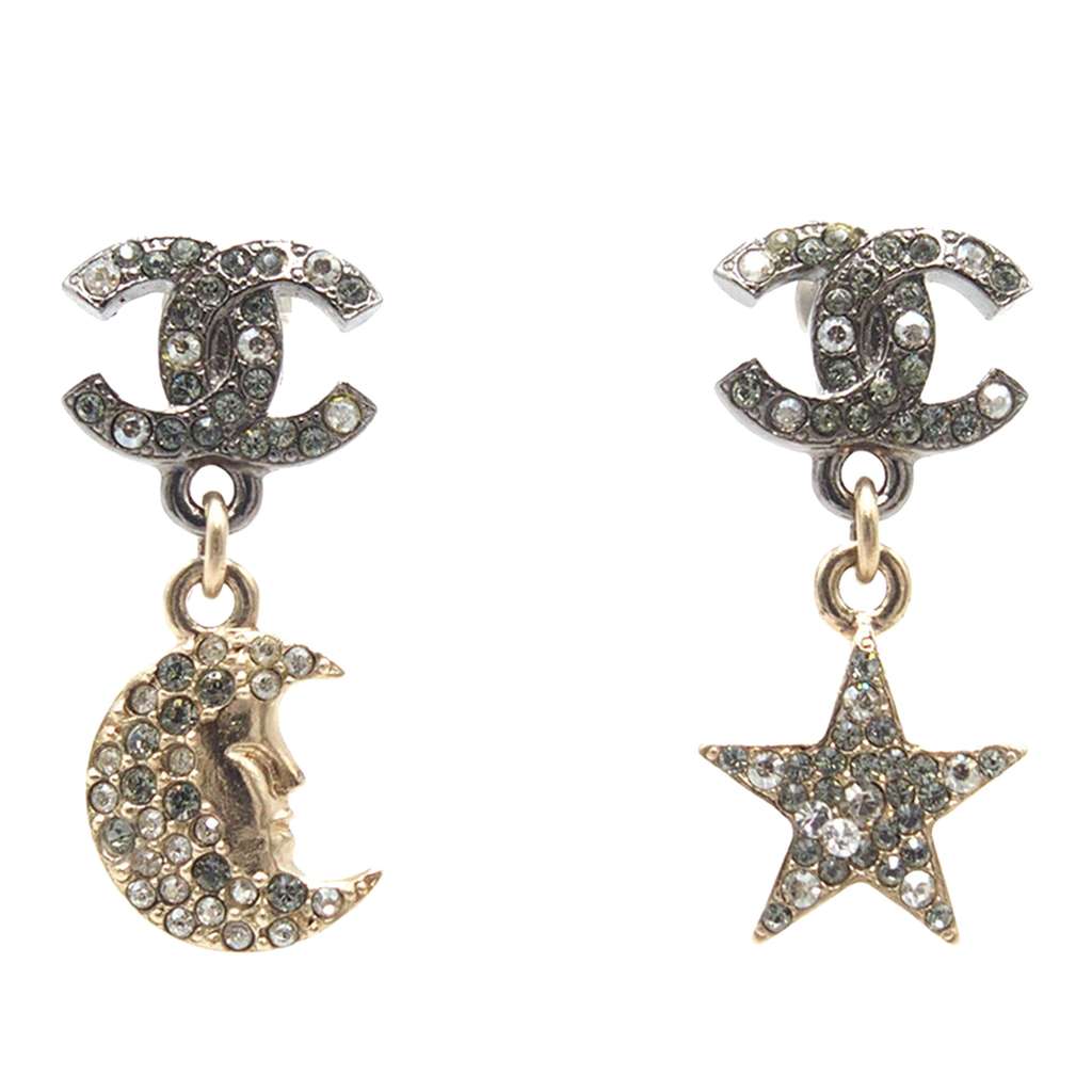 Chanel CC Silver and Gold Plated Crystal Moon and Star Drop Earrings