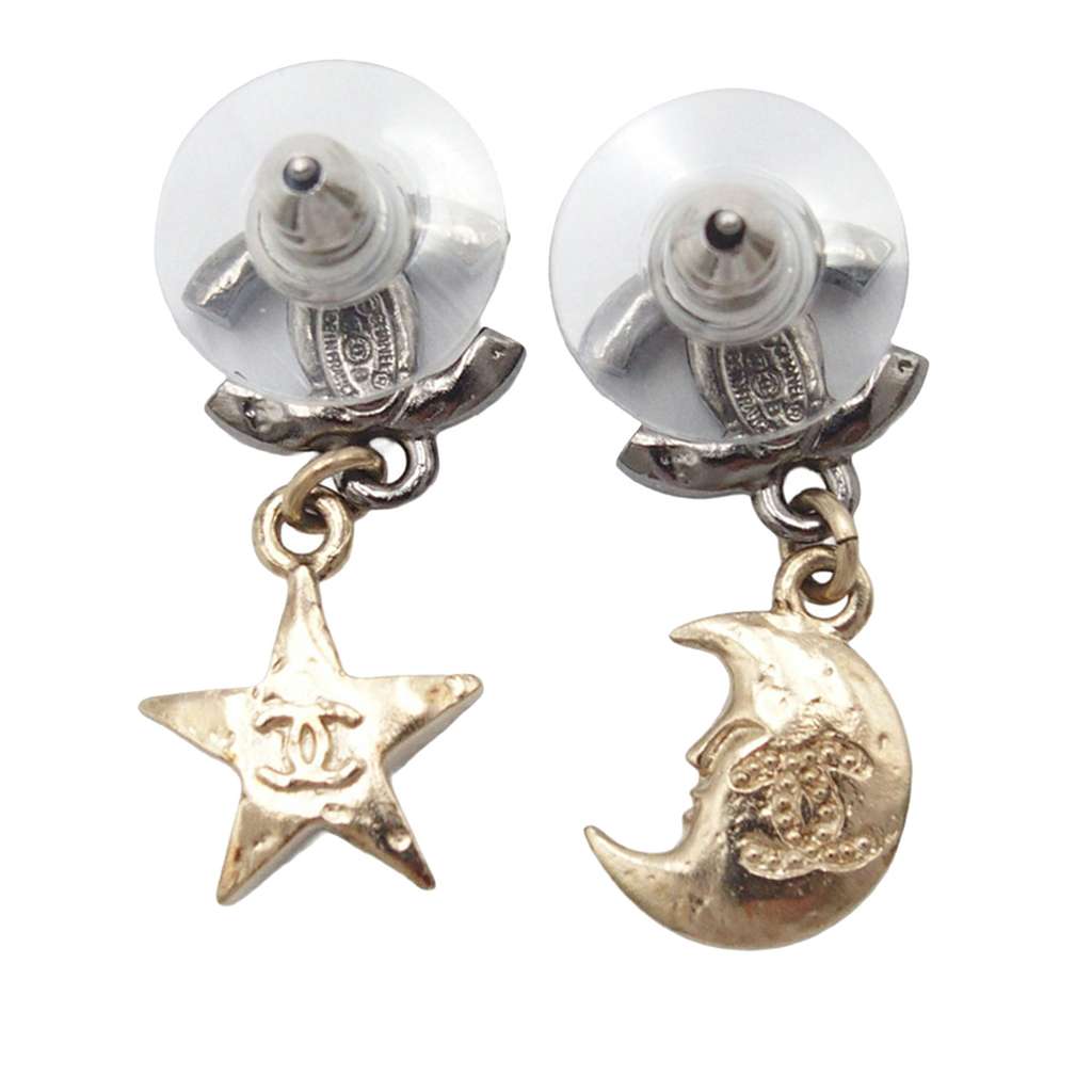 Chanel CC Silver and Gold Plated Crystal Moon and Star Drop Earrings Silver Metal Good condition - Back View