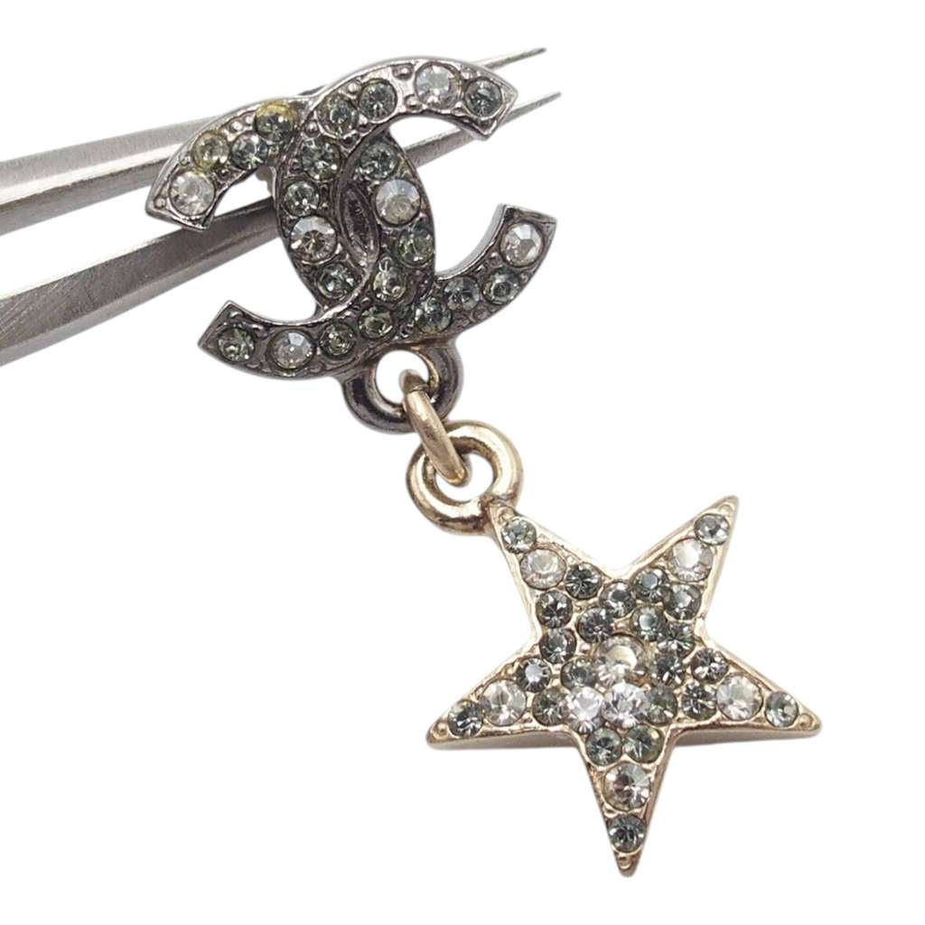 Chanel CC Silver and Gold Plated Crystal Moon and Star Drop Earrings Silver Metal Good condition - Inside View